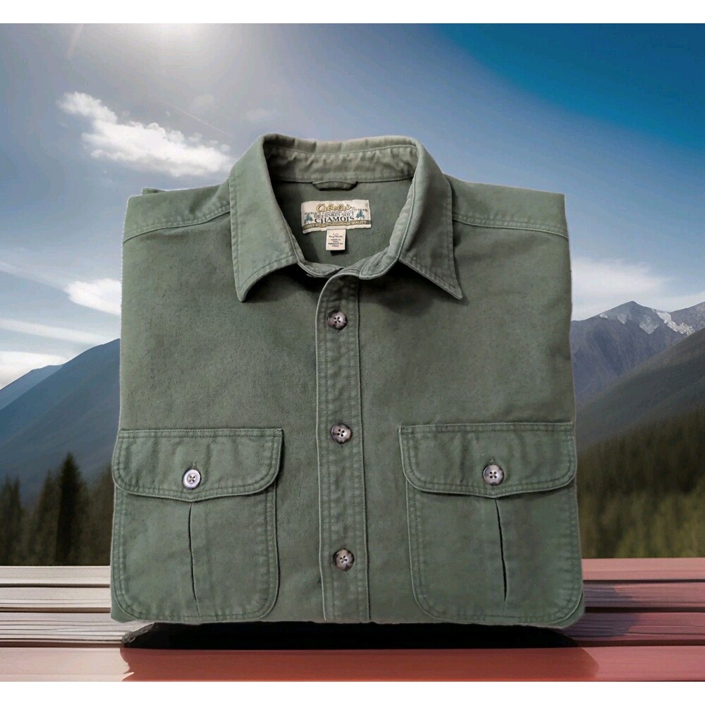 Cabelas Deerskin Soft Chamois Shirt Green Long Sleeve Button Up Mens Size L GUC